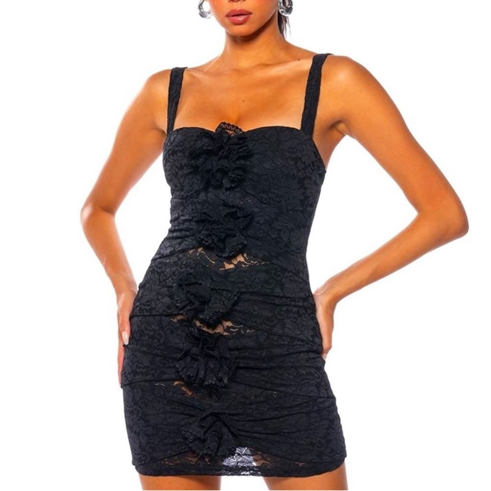 Black Rose Lace Mini Dress - Sz L (best fit size M)